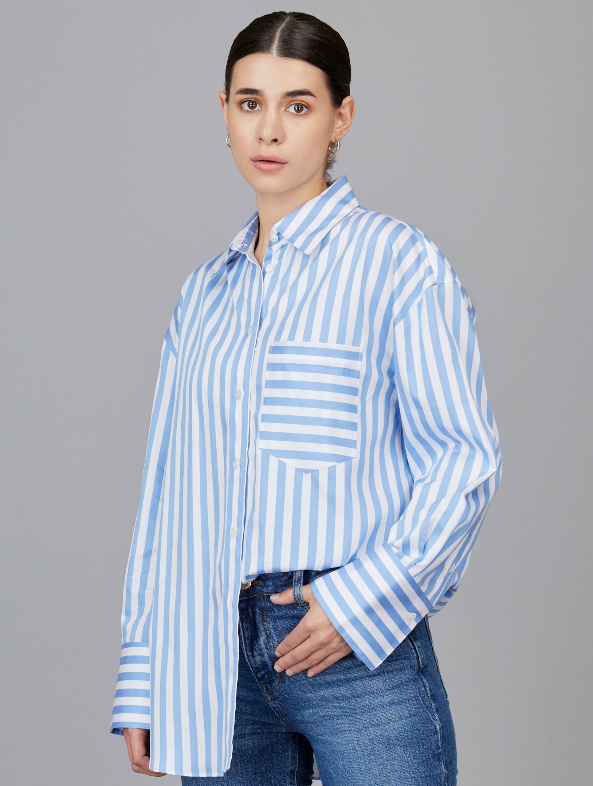 Awning stripe boyfriend shirt in sky blue colour - Camessi Collection