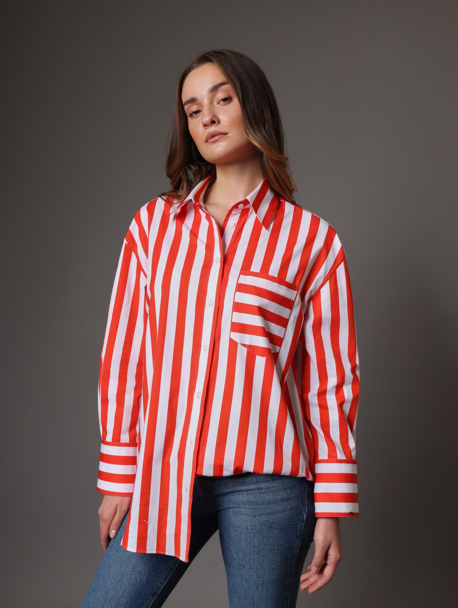 Awning stripe boyfriend shirt in red colour - Camessi Collection