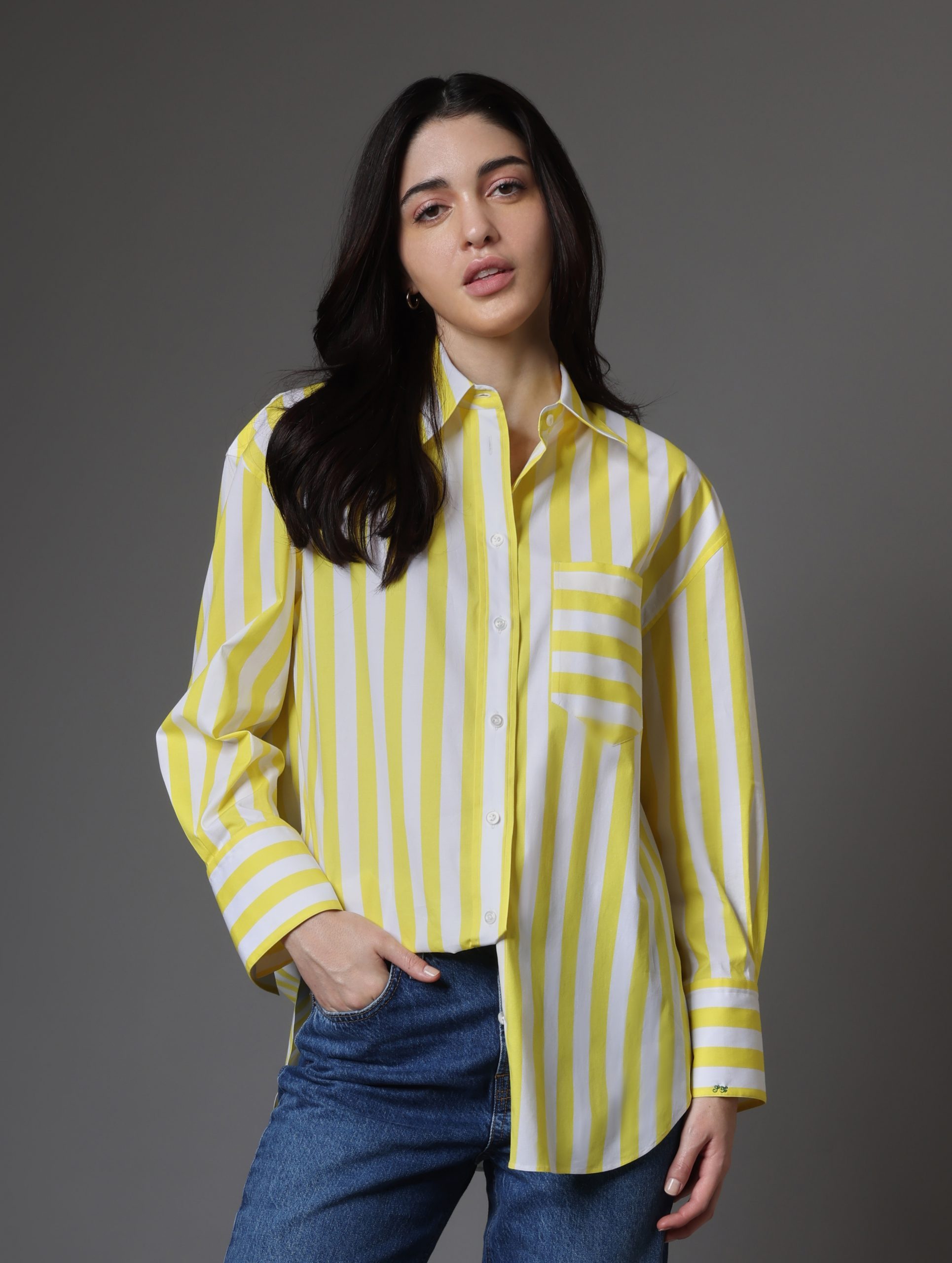 Awning stripe boyfriend shirt in sky yellow colour - Camessi Collection